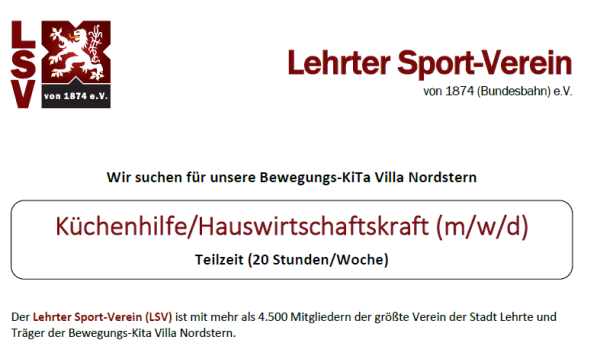 Stellenausschreibung: Küchenhilfe/Hauswirtschaftskraft 